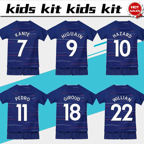 Kids #9 HIGUAIN #10 HAZARD Soccer Jersey Kids Kit 18/19 #7 KANTE home Soccer Jerseys 2019 Child Soccer Shirts Uniform home Blue Jersey+Pants