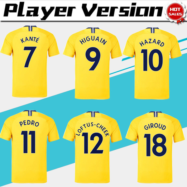 Player Version #10 HAZARD Away Yellow Soccer Jersey 18/19 #9 HIGUAIN #18 GIROUD Short Sleeve Soccer Shirt 2019 #7 KANTE Football Uniforms