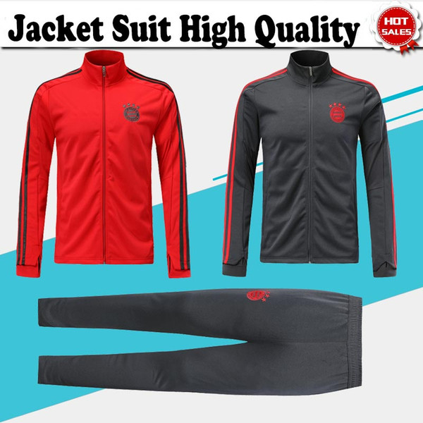 2019 Bayern Jacket Suit Long Sleeve High Collar Soccer Kit With Zipper 19/20 Red Grey Training Uniform Tracksuit Football Suits Jacket+Pants