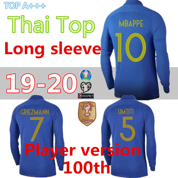 Long sleeve player version Mbappe 100th JERSEY POGBA France FFF 100th blue jerseys centenary jersey 2019 Centenaire Maillot football jersey