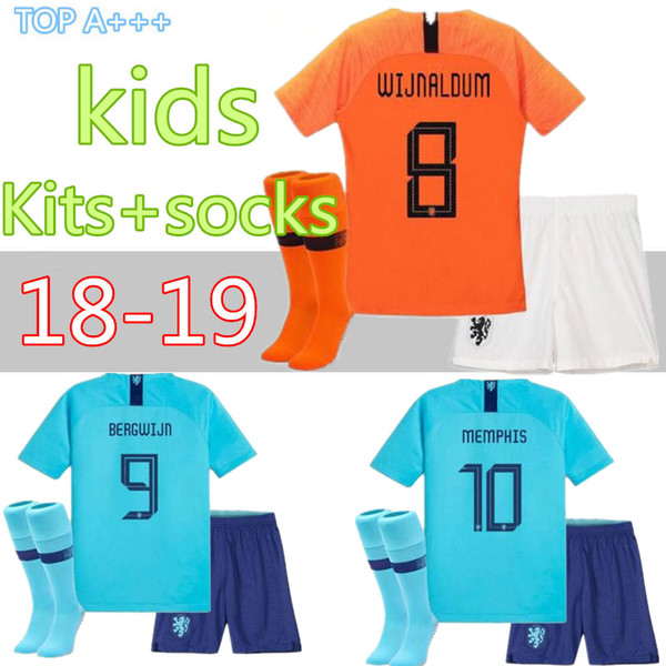 18 19Netherlands Kids Kit +socks V.PERSIE Holland MEMPHIS Kids Soccer Sets SNEIJDER Children Football Uniforms BERGWIJN WIJNALDUM Youth