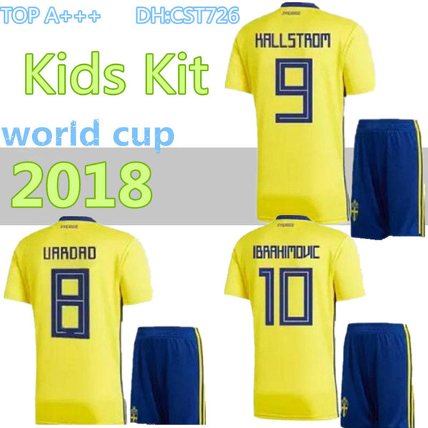 2018 Kids Sweden Soccer Jersey Kit 2018 WORLD CUP Youth Boys Zlatan Ibrahimovic Marcus Berg BERG TOIVONEN Football Shirt Full Set