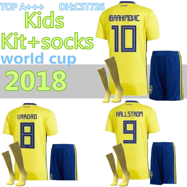 2018 Kids Sweden Soccer Jersey Kit+socks 2018 WORLD CUP Youth Boys Zlatan Ibrahimovic Marcus Berg BERG TOIVONEN Football Shirt Full Set