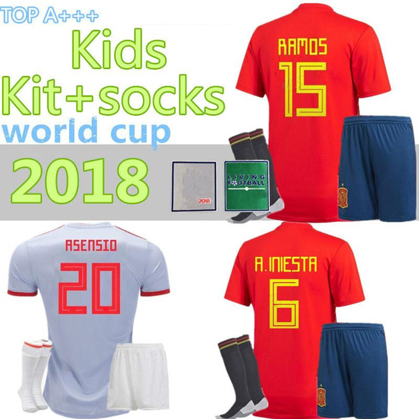 2018 world cup Spain Kids kit+socks football Kits kids uniform with socks camisetas de futbol MORATA ASENSIO ISCO SILVA RAMOS soccer jersey