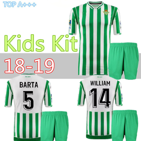 KIDS KIT 2018 2019 REAL BETIS HOME JOAQUIN SOCCER JERSEYS BOUDEBOUZ MANDI BARTA TELLO CARVALHO WILLIAM JERSEY 18 19 BOYS FOOTBALL SHIRTS