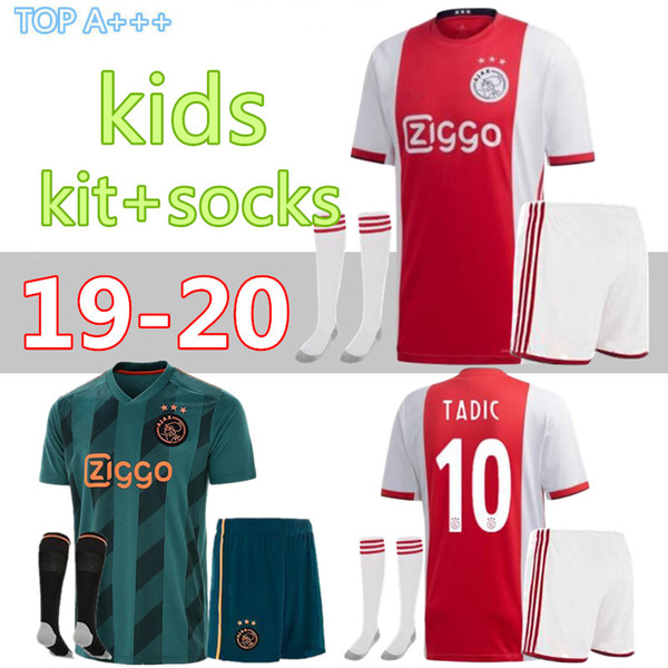 Kids kit+socks 2019 2020 AJAX home Soccer Jerseys #21 DE JONG away Shirt ajax 19/20 #10 TADIC #4 DE LIGT #22 ZIYECH child football uniforms