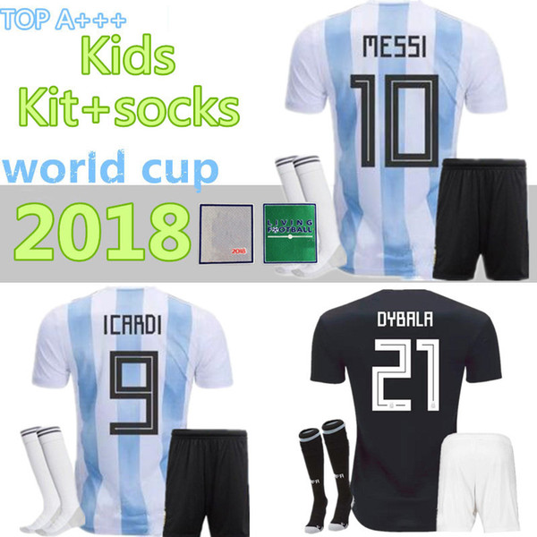 2018 MESSI World Cup Argentina KIDS Kit+socks AGUERO Soccer Jersey ICARDI DI MARIA KOMPANY DYBALA Higuain Home away uniforms free patch