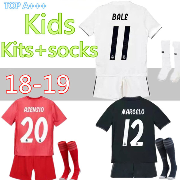 18 19 home away third Soccer Jersey Real Madrid kids kit+socks jersey 11 BALE 9 BENZEMA 20 ASENSIO 8 KROOS Football Jeresys