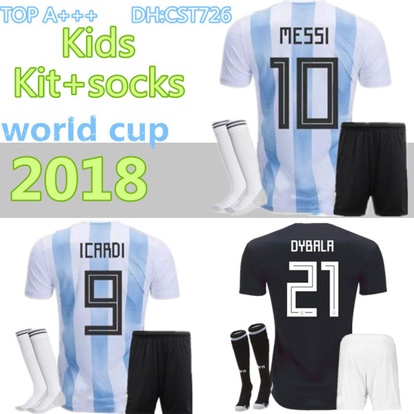 2018 MESSI World Cup Argentina KIDS Kit+socks AGUERO Soccer Jersey ICARDI DI MARIA KOMPANY DYBALA Higuain Home away uniforms football shirts