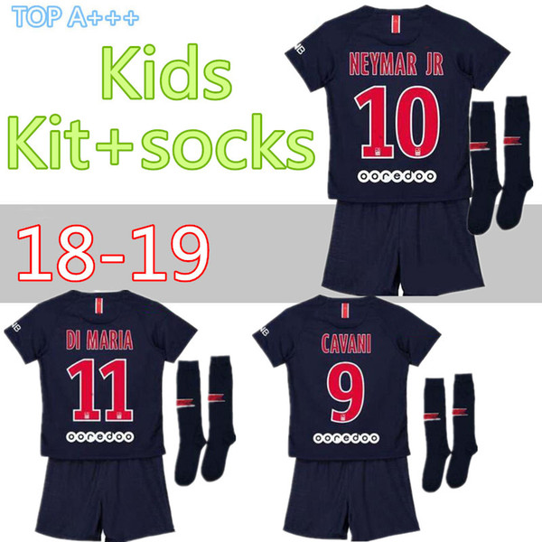 NEW 2018 NEYMAR JR KIDS SOCCER JERSEYS HOME KIT+socks 18 19 MBAPPE PARIS DI MARIA DANI ALVES CAVANI BOYS FOOTBALL SETS BEST QUALITY