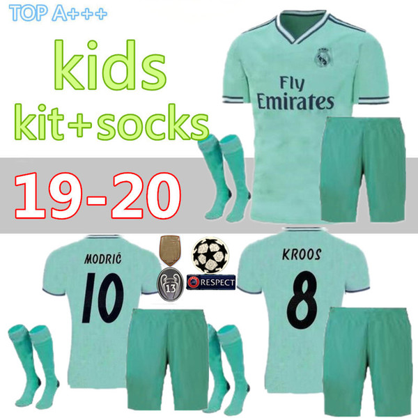 19 20 Real Madrid third soccer jersey kids kits +socks camiseta de futbol MARCELO RAMOS KROOS BENZEMA ISCO MODRIC Football shirt