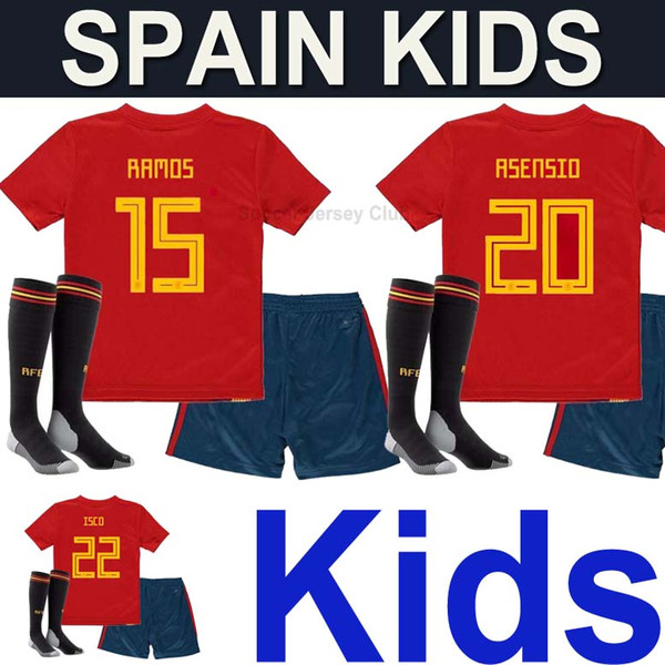 Spain kids kits soccer jerseys uniform with socks 2018 national team world cup camisetas boys RAMOS MORATA ASENSIO ISCO SILVA football shirt