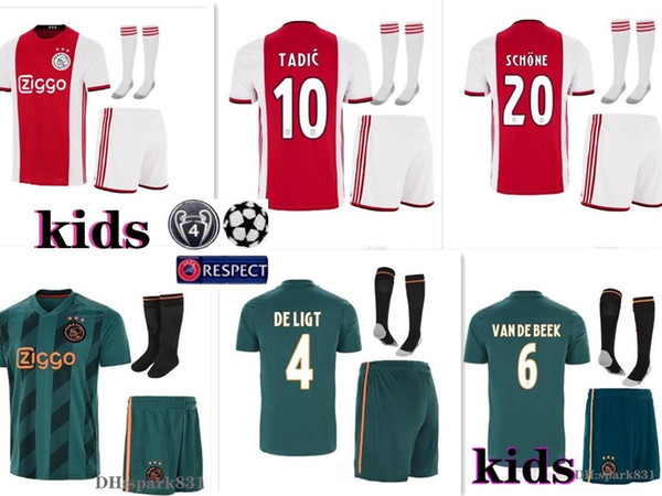 kids 2019 2020 Ajax FC DE JONG DE LIGT Soccer Jerseys home away child kits 19/20 Customized #7 NERES # 10 TADIC #22 ZIYECH Football Shirt