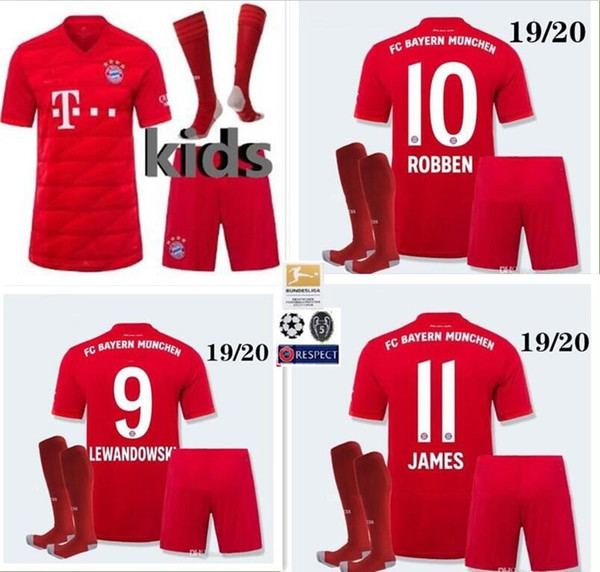 19 20 Bayern Munich Kids Soccer Jerseys 2019 2020 Youth Boy Home Kits JAMES LEWANDOWSKI MULLER KIMMICH HUMMELS Football shirts Kit and Socks