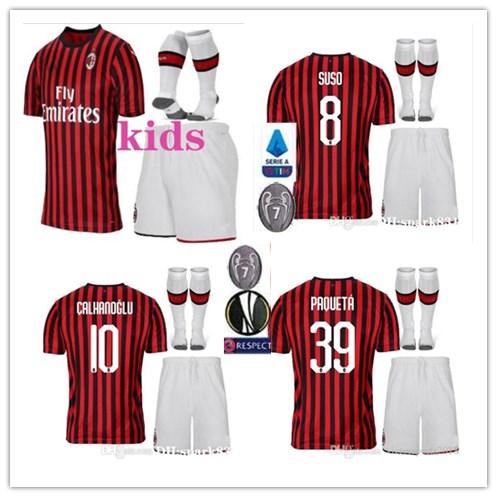 kids kit 19 20 AC Milano Piatek soccer jerseys home 2019 2020 PAQUETA Suso CALHANOGLU Kessie maglie da calcio child set football shirts