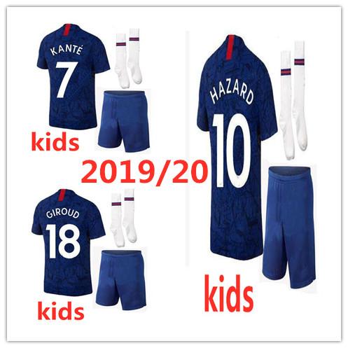 Kids #10 HAZARD Soccer Jersey Kids Kit 19/20 #7 KANTE #18 GIROUD home Soccer Jerseys 2019 Child Soccer Shirts Uniform home Blue football kit