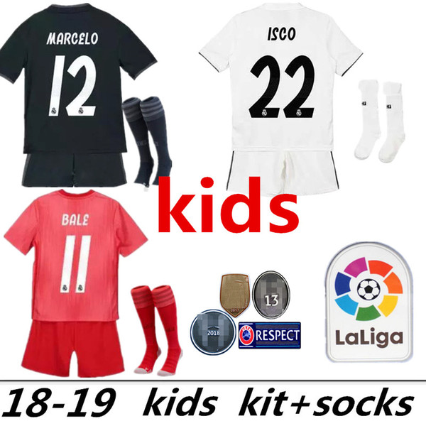 2019 Kids Kit+socks Real Madrid Football Jersey 2018 Home White Away Boy Soccer Jerseys ISCO ASENSIO BALE KROOS Child 3rd red Soccer Shirts