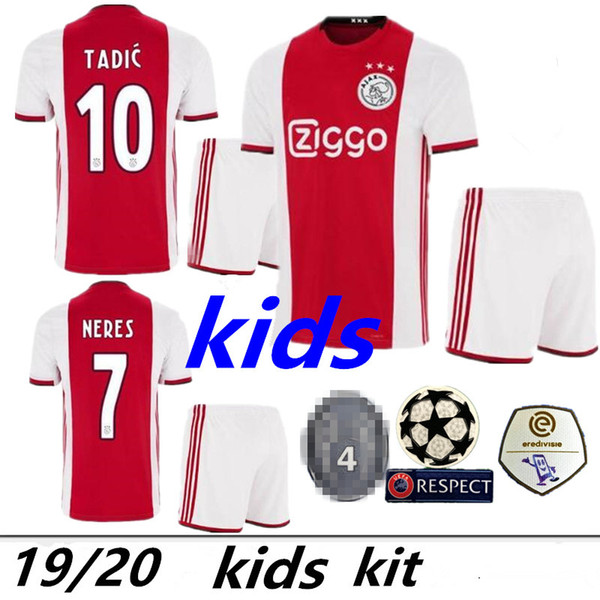 19 20 Ajax FC kids kits soccer jersey uniforms 2019 2020 ajaxa msterdam #4 DE LIGT #7 NERES # 10 TADIC #21 DE JONG kids football Shirt kit