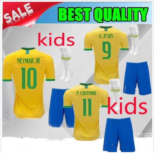 2019 Copa América Kids soccer Jersey Kids Kit home Soccer Jerseys #11 P.COUTINHO #12 MARCELO Child Soccer Shirts uniform jersey+shorts