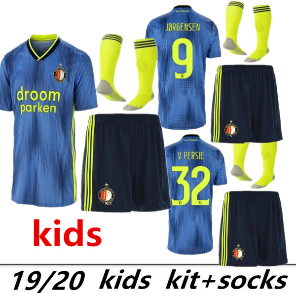 kids kit Feyenoord 19 20 soccer jersey away blue 2019 2020 LARSSON 32 V.PERSIE 19 BERGHUIS 10 VILHENA JORGENSEN BOYS KIT+SOCKS JERSEY SHIRT