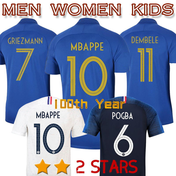 2018/19 2 stars Soccer Jersey Top Quality 100th years FRANCEDD MBAPPE POGBA GRIEZMANN World Cup men women kids home away Football Shirt