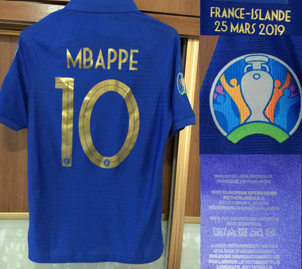 2019 Match Worn Player Issue MBAPPE Jersey Griezmann POGBA KANTE Soccer Jersey With Gold Match Details VS Islande Customize Any Name Number