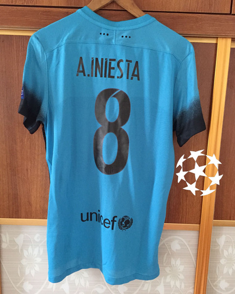 2015 3rd Match Worn Player issue Jersey A.iniesta Messi Suares Neymar JR With Champions League Patch Soccer Jersey Shirt