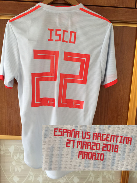 2018 Spain Match Worn Player Issue Jersey Isco A.iniesta With Match Details Spain Vs Argentina Customize Any Name Any Number Soccer Shirt