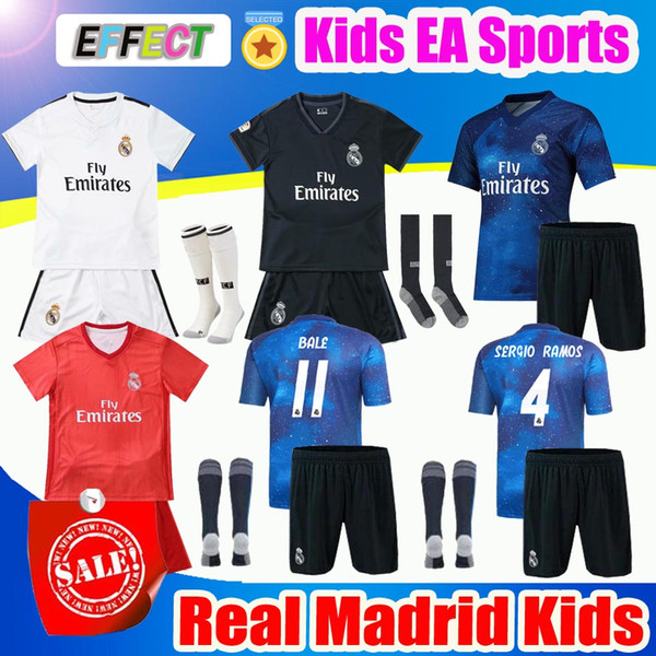 2019 Real Madrid Ea Sports Kids Kit Soccer Jerseys 2018/19 Home White Away 3RD 4TH Boy Child Youth Modric ISCO BALE KROOS Football Shirts