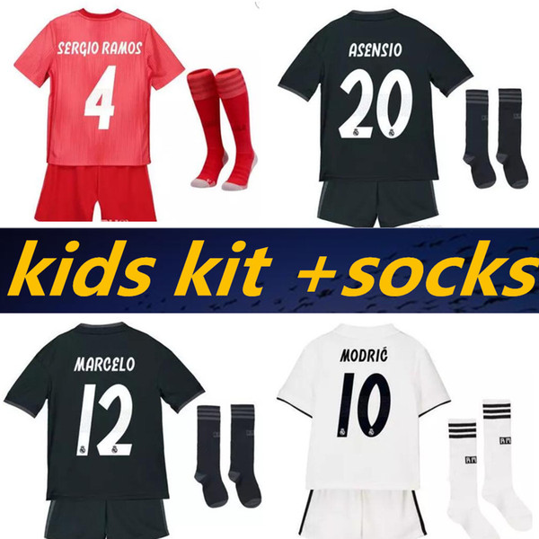 Kids kit +socks Real Madrid 2019 MARIANO ASENSIO MODRIC soccer jersey 18 19 RAMOS BALE ISCO Camiseta Boy football shirts Third red Jerseys