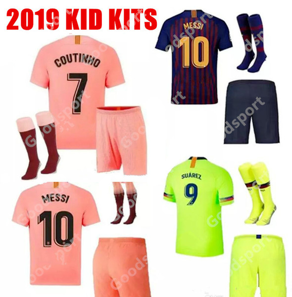 KID KITS 2020 soccer jerseys hot FOOTBALL calcio futbol messi shirts Children youth socks shorts sport pink PIQUE COUTINHO DEMBELE 19