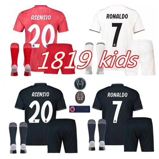 2019 Kids Kit Real Madrid Football Jersey 2018/19 Home White Away Boy Soccer Jerseys ISCO ASENSIO BALE KROOS Child 3rd red Soccer Shirts