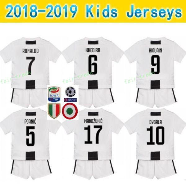 2018 2019 Soccer FC Youth Juventus Jersey Kids Set White RONALDO CHIELLINI COSTA MANDZUKIC DYBALA MATUIDI Children Football Shirt Kits