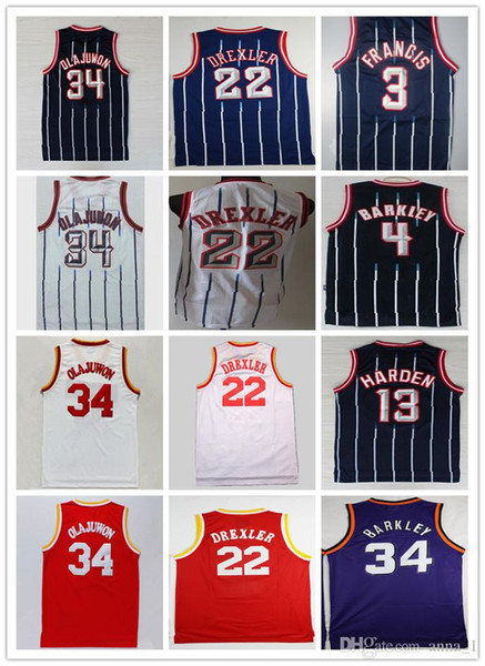 High Quality 13 Harden 22 Clyde Drexler Jersey Black Red 34 Hakeem Olajuwon White Blue Stripe 3 Steve Francis Retro Jerseys