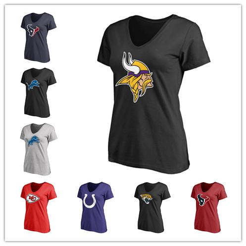 Spring Hot New V-neck T-shirt Women's Colts Chiefs Vikings Jaguars LionsTexans Pro Line Burgun dy Primary Team Logo Slim Short Sleeve