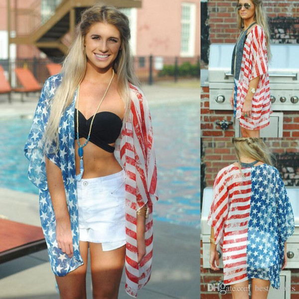 2018 American Flag Print Blouse Chiffon Loose Long Sleeve Cardigan Lady Shirt Cover Up Summer Beach Blouses KKA442