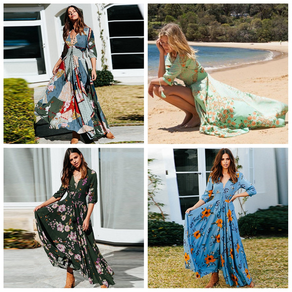 Women Blast Bohemian Dresses floral Print V-neck Button Designer Seven-point Sleeve Skirt Dress Long Party Beach Clothing AAA1973