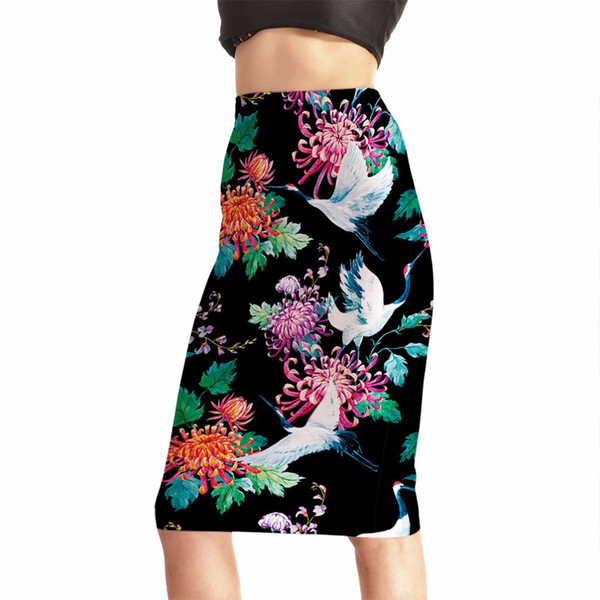 Summer New Design Women Sexy High Waist Midi Skirts Tennis Bowling Skirts Slim Elastic 3D Birsds Female Party Apparel S to 4XL