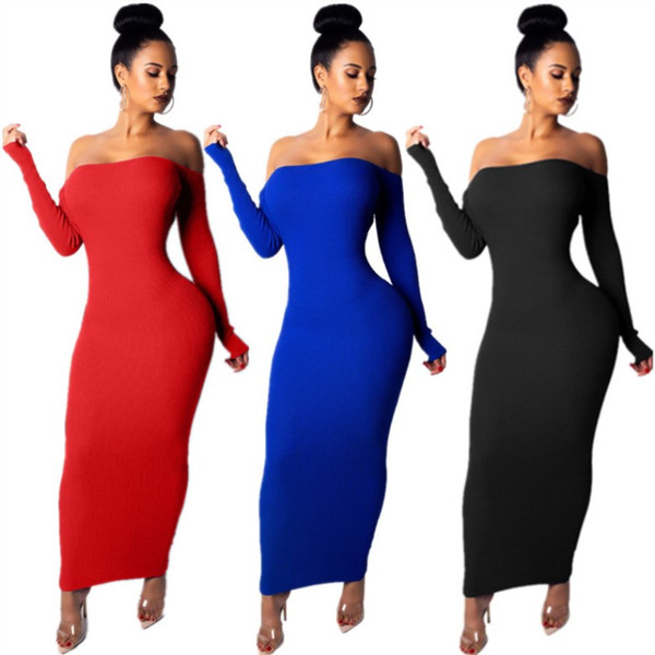 women long sleeve winter dress off shoulder designer maxidress one-piece dress high quality bodycon skirt elegant luxury clubwear klw0213