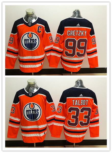 2019 Mens 99 Wayne Gretzky Edmonton Oilers Hockey Jerseys 100% Stitched Embroidery Oilers 33 Cam Talbot Away Orange White Ice Hockey Jersey