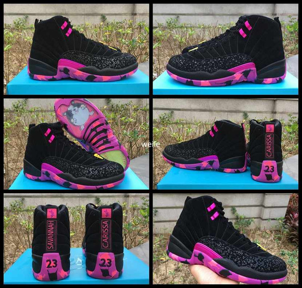 12 XII Doernbecher Charitable Men 2018 Basketball Shoes Black Hyper Violet Pink 12s DB Carissa Sports Training Sneakers Size US 8-13