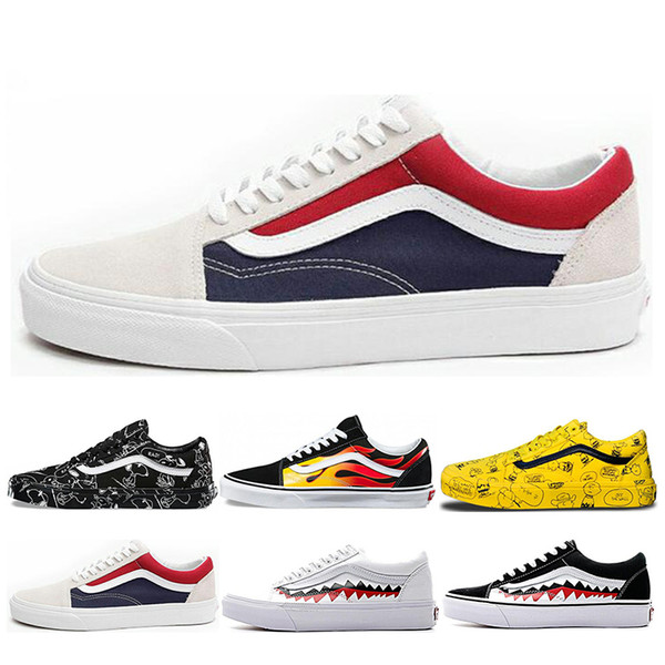 Original Vans Old Skool Men Women Casual Shoes Rock Flame Yacht Club Sharktooth Peanuts Skateboard Black White Canvas Skate Sneaker