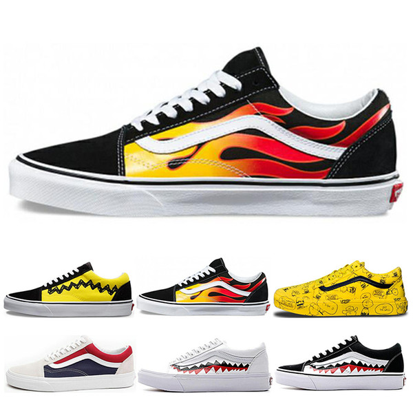 Original Vans Old Skool Men Women Casual Shoes Rock Flame Yacht Club Sharktooth Peanuts Skateboard Black White Canvas Skate Sneaker 36-44