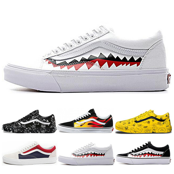 Classic Vans Old Skool Men Women Casual Shoes Rock Flame Yacht Club Sharktooth Peanuts Skateboard Black White Canvas Skate Sneaker 36-44