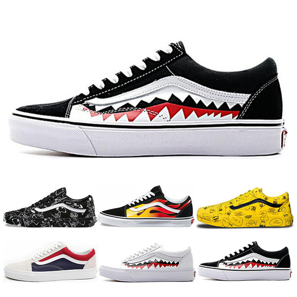 Cheap Vans Old Skool Men Women Casual Shoes Rock Flame Yacht Club Sharktooth Peanuts Skateboard Black White Canvas Skate Sneaker 36-44