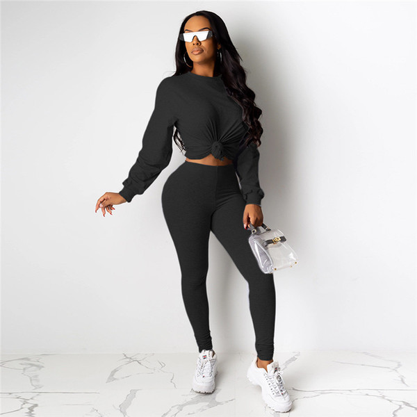 Wholesale-Leggings 2 Piece Set Outfits Pullover+Tights Jogger Suit Shirts Tracksuit Fall Winter Clothing Sportswear Plain Sweatsuit 1664