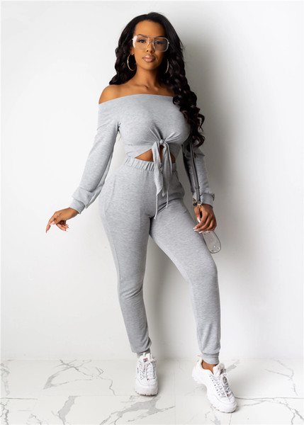 Women Fall Winter Clothing Hoodies Suit Leggings 2 Piece Set Outfits Off Shoulder Tracksuit Bandage Slash Neck Casual Suit 1801