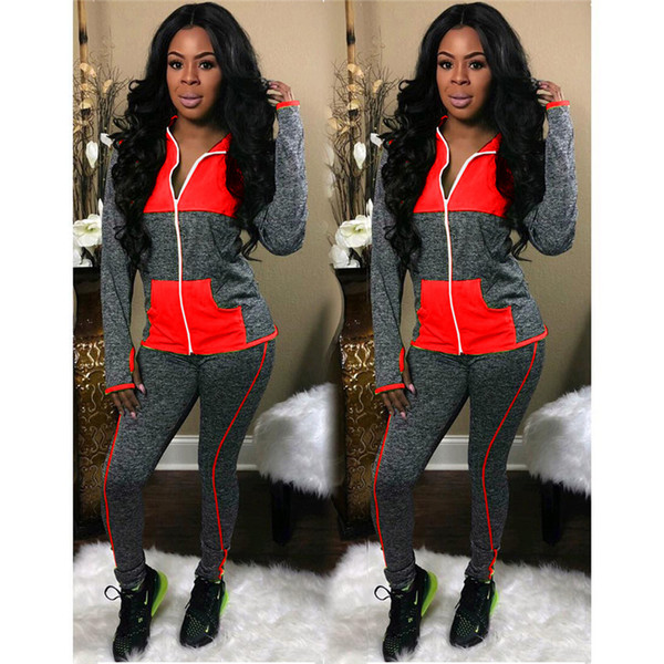 Wholesale-Sportswear 2 Piece Set Leggings+Jacket Outfits Pants Long Sleeve Panelled Zipper Tracksuit Pant Fall Winter Fashion Clothing 1582