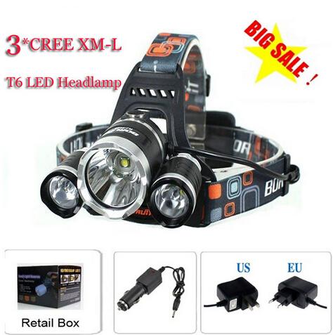 3T6 Headlamp 6000 Lumens 3 x Cree XM-L T6 Head Lamp High Power LED Headlamp Head Torch Lamp Flashlight Head +charger+car charger