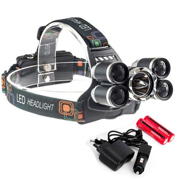 5 LED Headlight 8000 Lumens Cree XM-L T6 Head Lamp High Power LED Headlamp +2pcs 18650 Battery +Charger+car charger